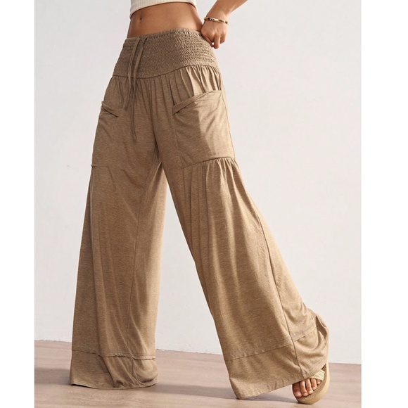 Solid Tan Stretchy Waist Pockets Wide Leg Lonuge Pants - Picture 4 of 8